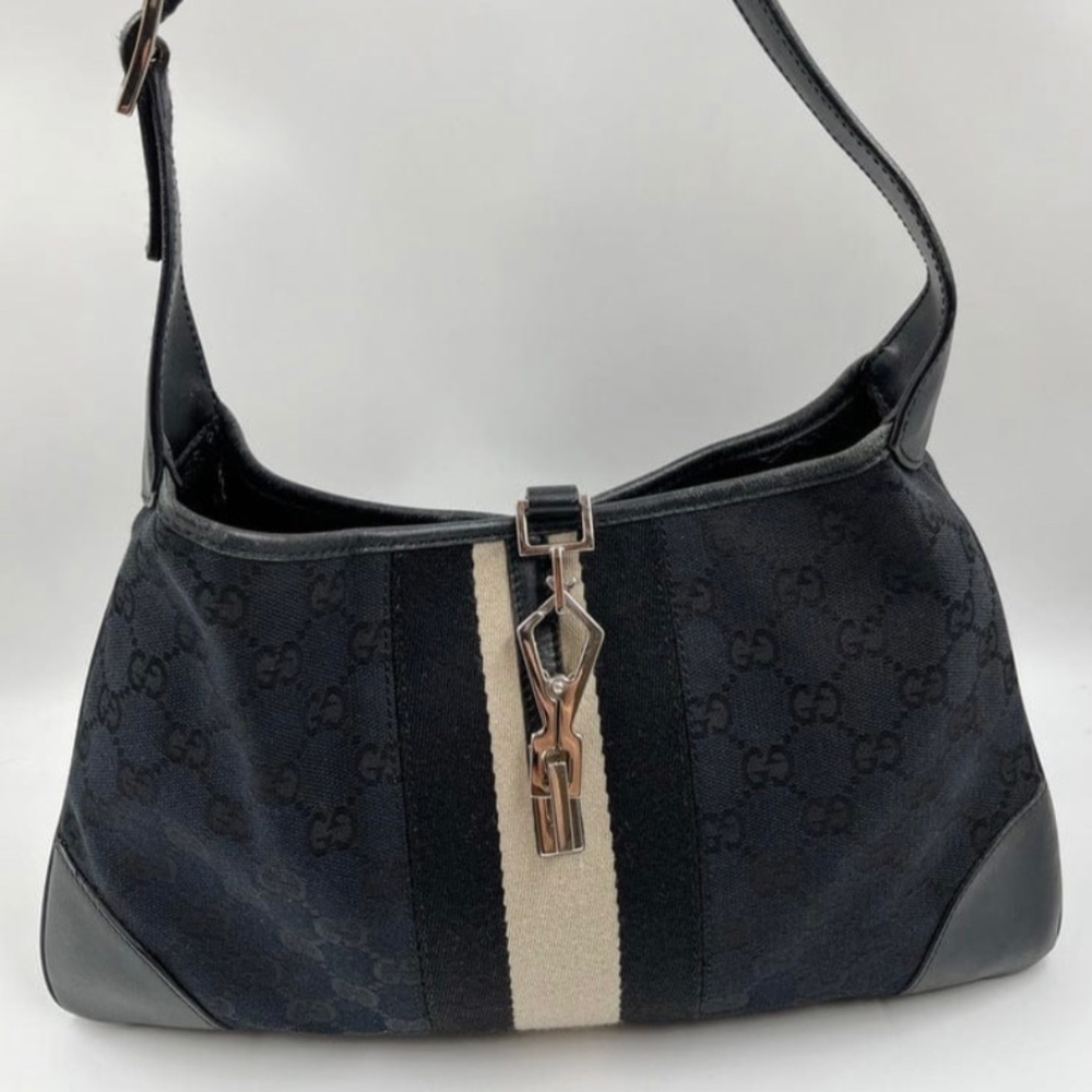GUCCI Jackie GG Canvas Web Stripe Shoulder Bag Black Leather Vintage Authentic - Picture 1 of 13